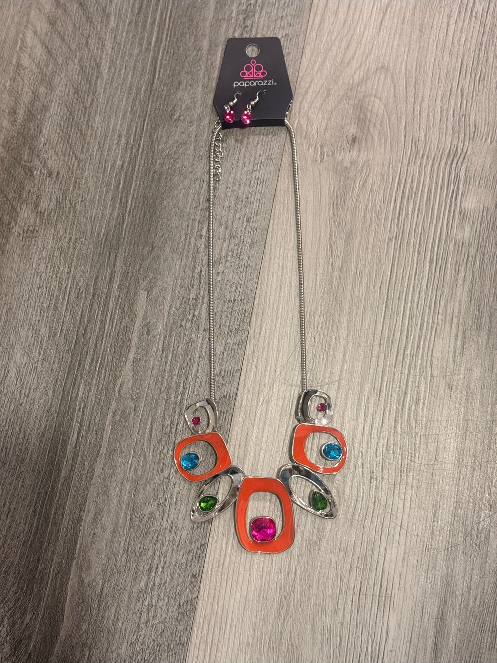 paparazzi Orange Pendant Necklace with Pink, Blue & Green Gems